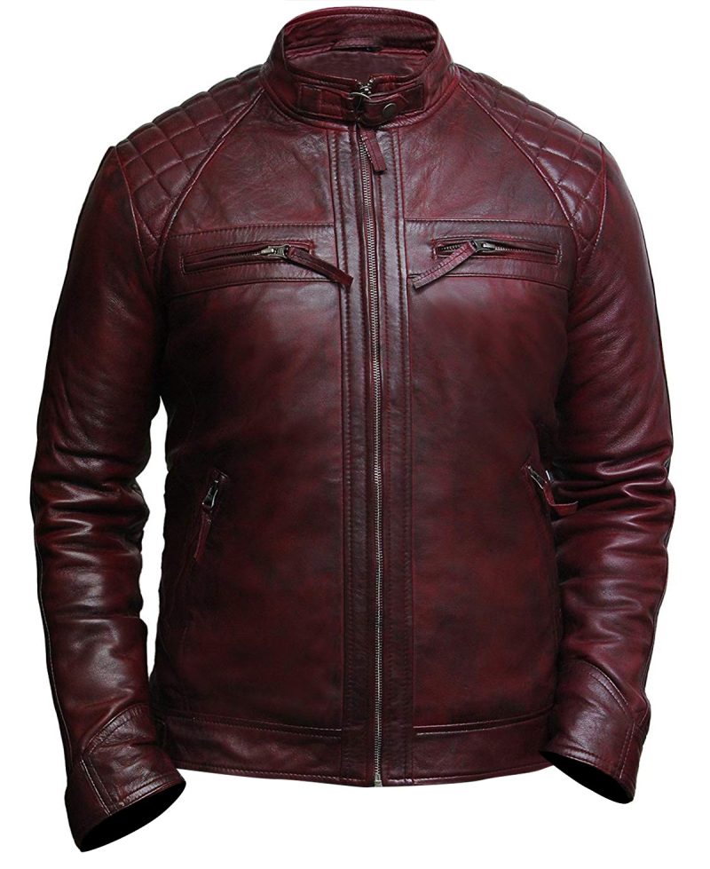 Cafe Racer Biker Quilted Burgundy Distressed Leather Jacket