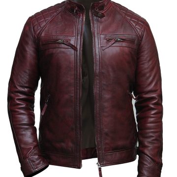 Cafe Racer Biker Quilted Burgundy Distressed Leather Jacket